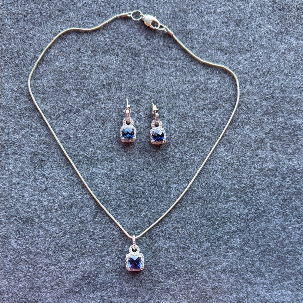 Silver Blue and‎ Diamond Necklace and Earrings